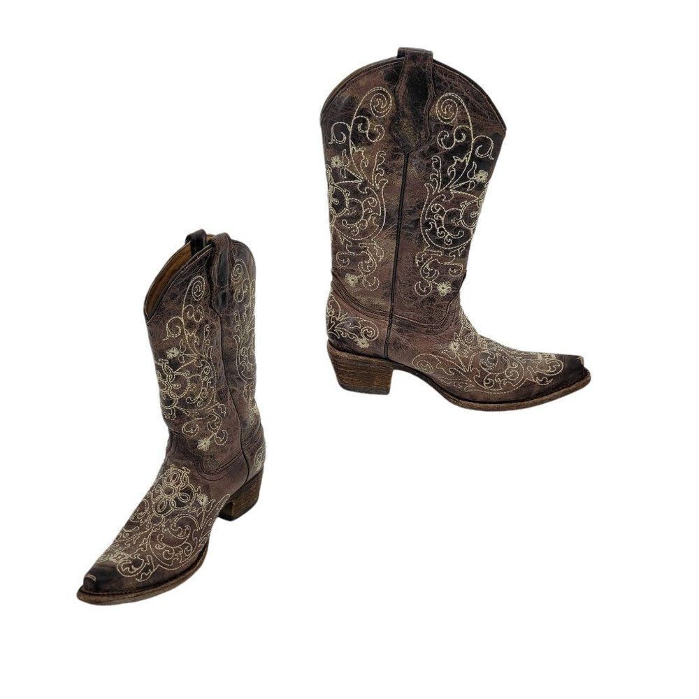 Girls Corral Cowboy‎ Boots Country Wedding Rodeo Brown Embroidered Sz 2.5 T